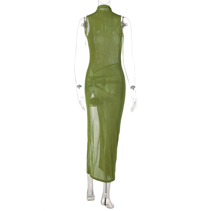 Green Sleeveless Bodycon Split Long Dress
