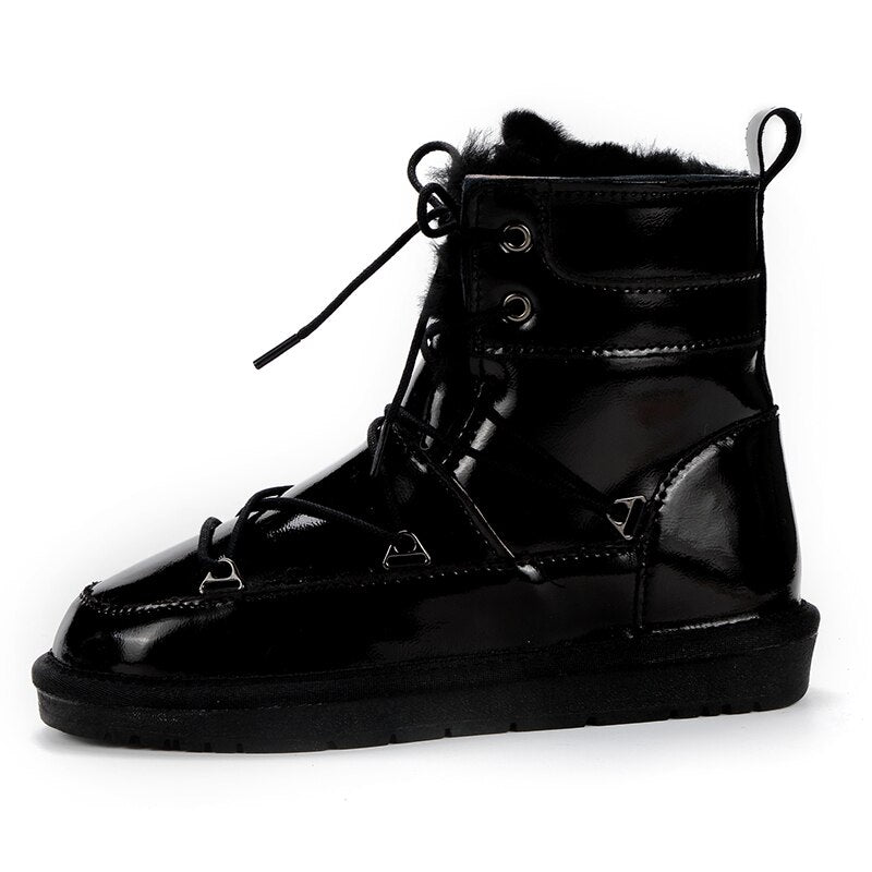 Patent Leather Natural Wool Fur Lined Snow Boots Waterproof