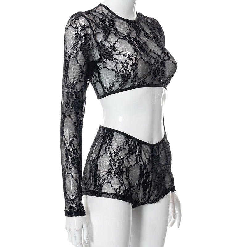 Mesh Lace Sleeved Crop Top & Shorts Set