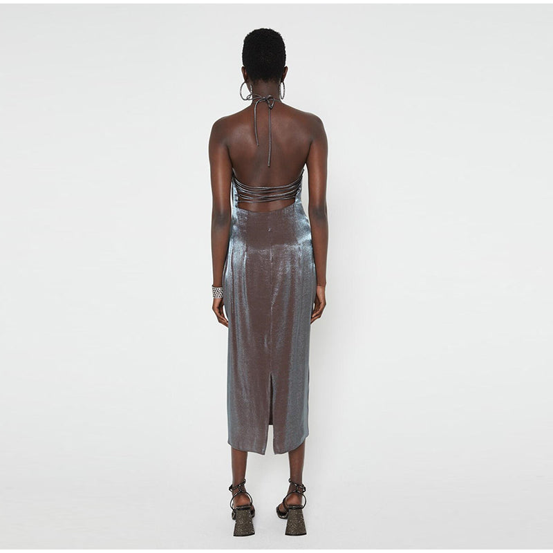 Grey Satin Backless Midi Dresses