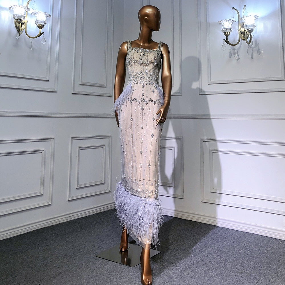 Crystal Feather Cape Sleeve Ankle Length Dresses
