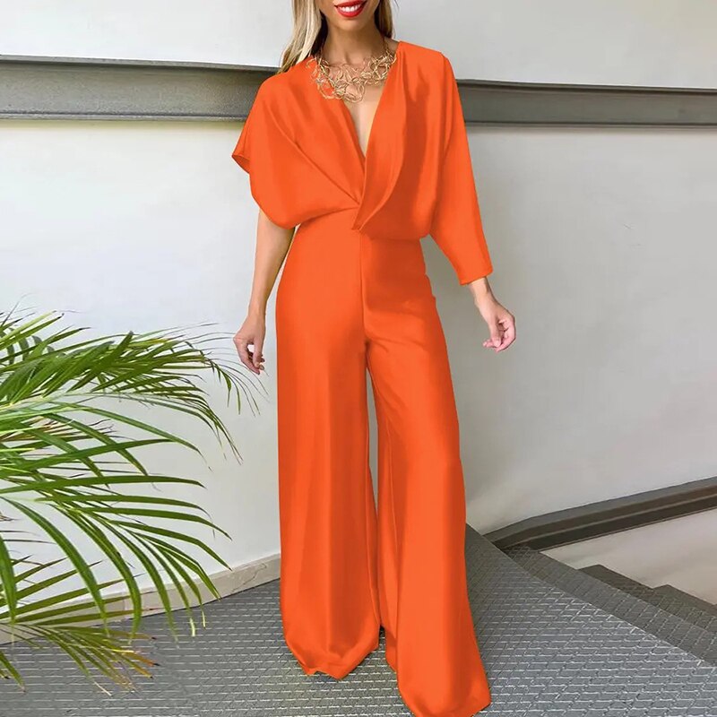 Deep V Short Sleeve Wide Leg Jumpsuits