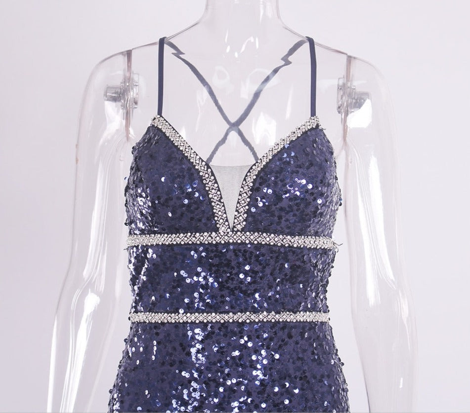 Sequin Crystal V Spaghetti Sleeveless Maxi Dress