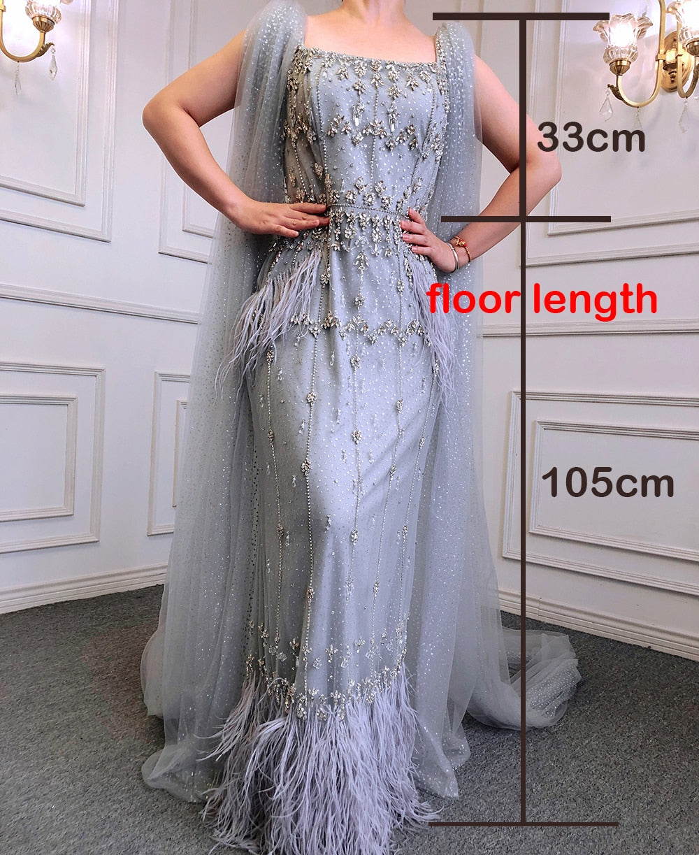 Crystal Feather Cape Sleeve Ankle Length Dresses