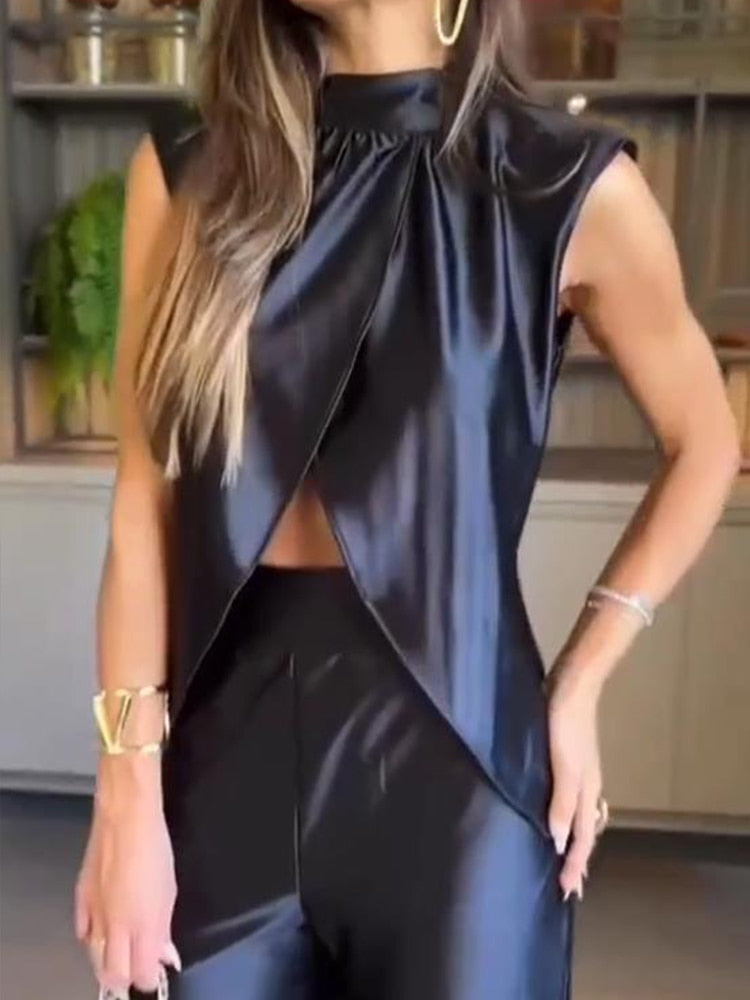 Sleeveless Hollow Belly Top And Wide Leg Pants