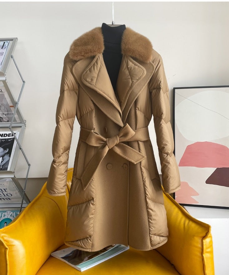 Cashmere Duck Down Mink Fur Collar Trench Coats