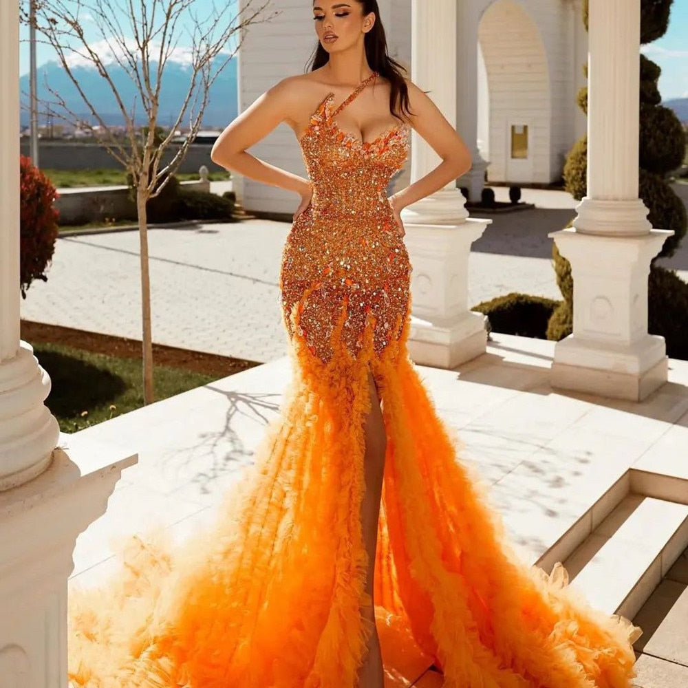 One Shoulder Tiered Ruffles Sequined Gowns