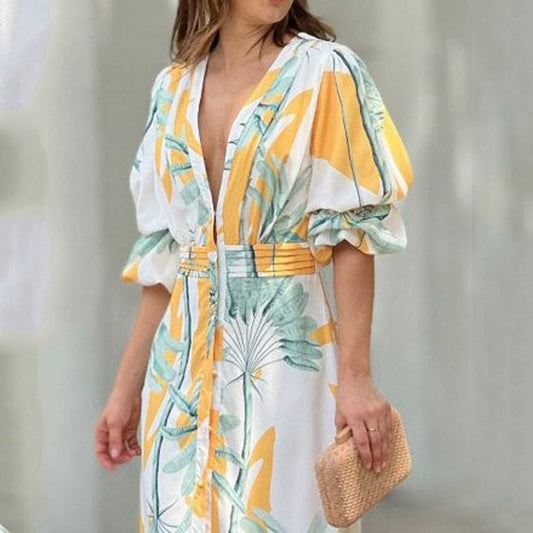 Print Short Puff Sleeve Maxi Dress