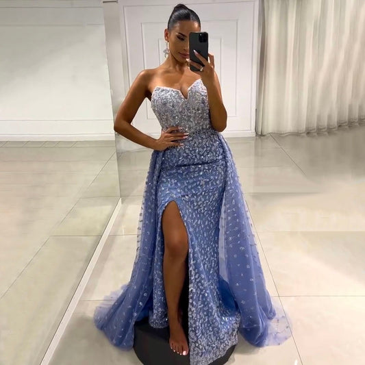 Strapless Over Skirt High Split Mermaid Maxi Dresses