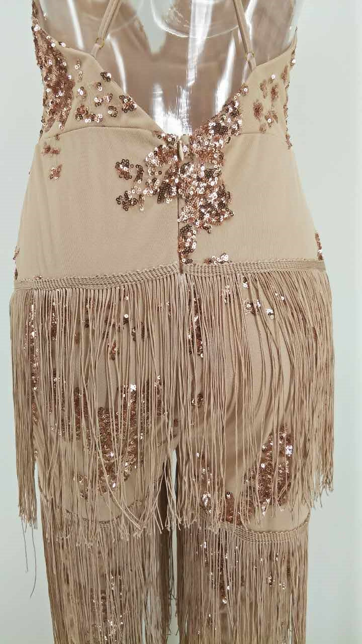Spaghetti Strap Backless Tassel Sequin Jumpsuits
