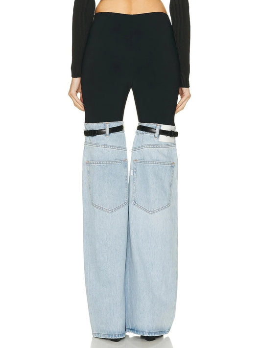Spliced Buckle Thigh Denim Wide Leg Pants