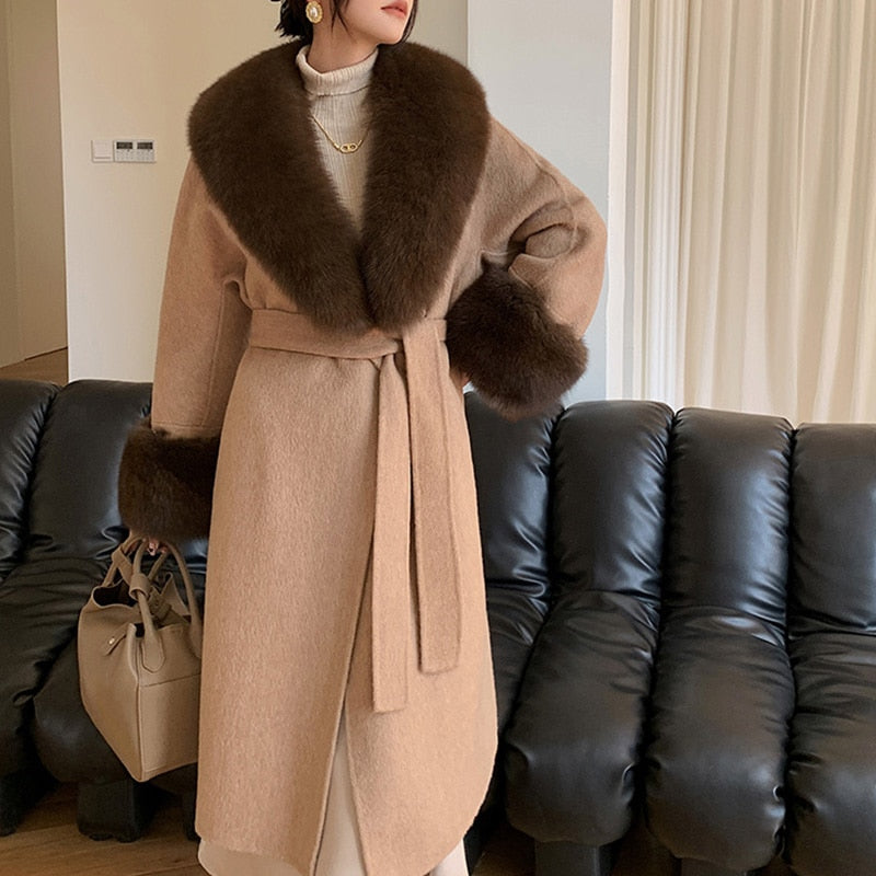 Soft Cashmere Long Coats Real Fur Long Collar & Cuffs