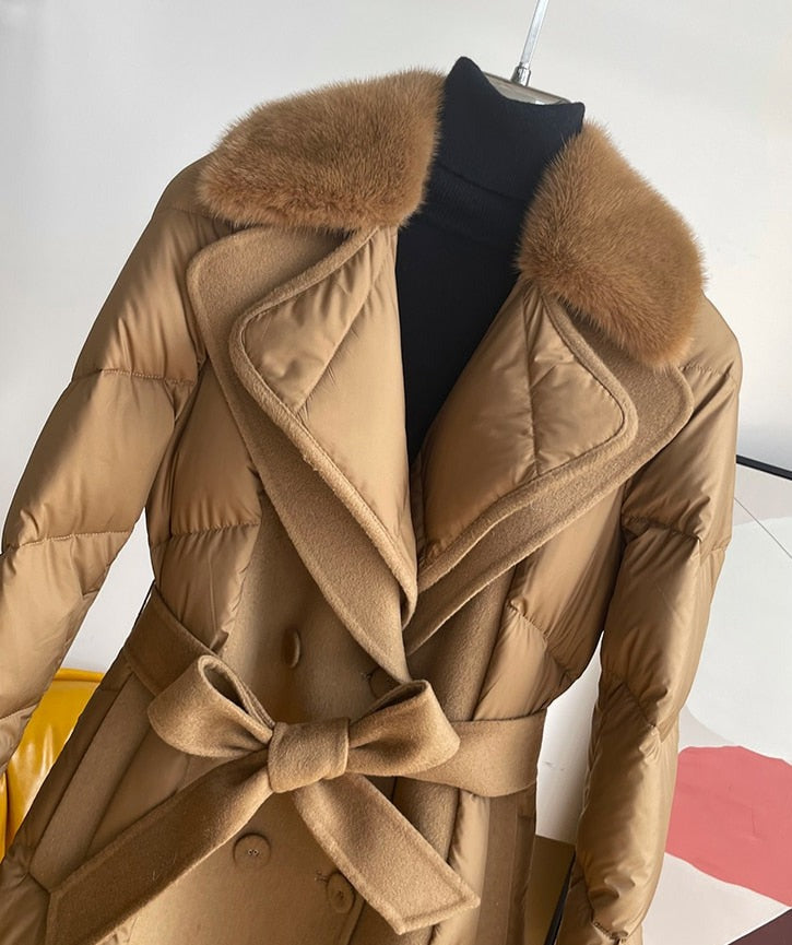 Cashmere Duck Down Mink Fur Collar Trench Coats