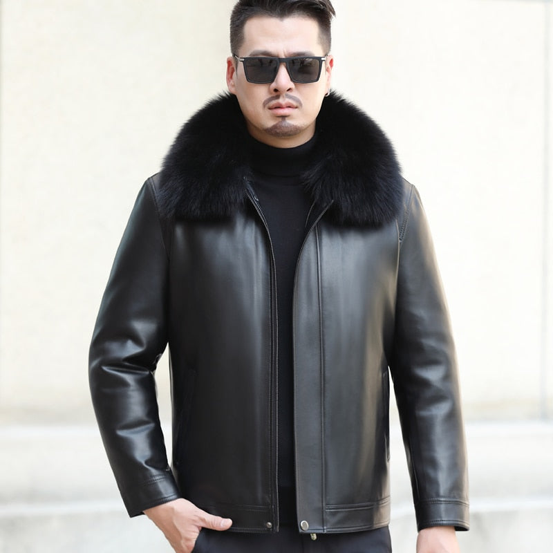 Genuine Leather Duck Down Coat Big Real Fur Collar