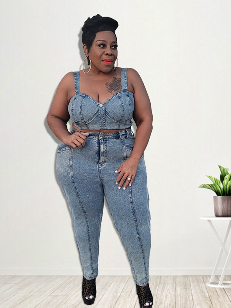 Denim Crop Top & Pants Sets Plus Size