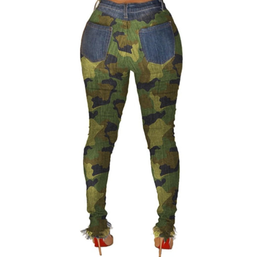 Camouflage Print Full Ripped Pencil Denim Jeans