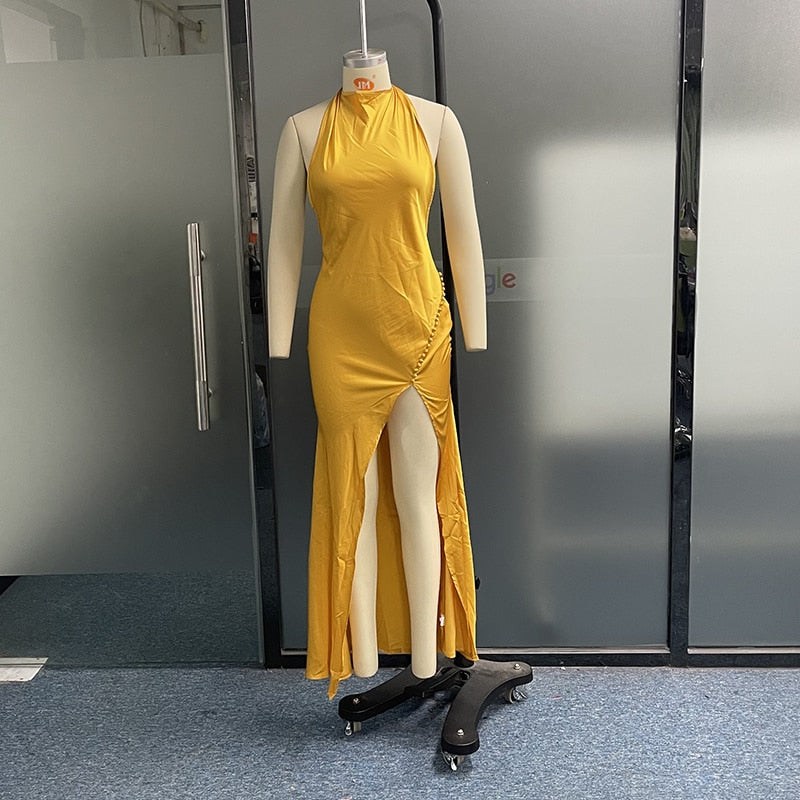 Gold Halter Tie Up Backless Slit Maxi Dress