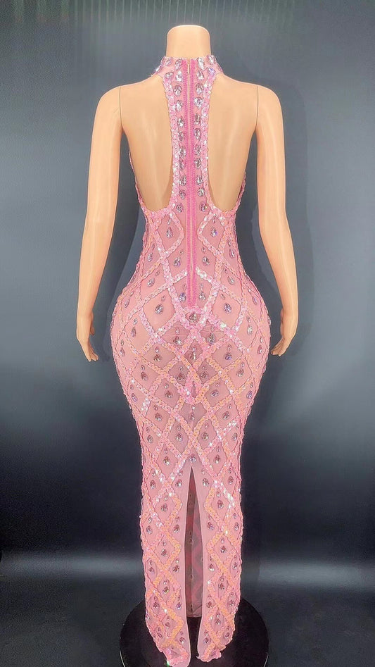 Pink Rhinestones Full Wrap Halter Sleeveless Dress