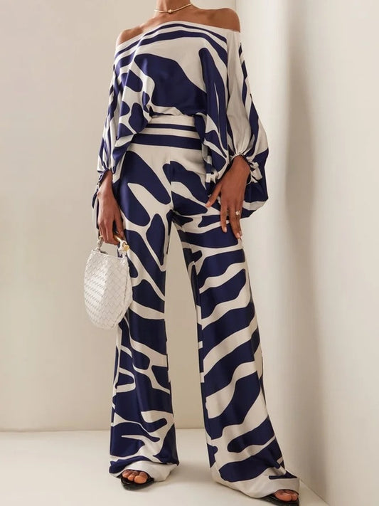 Satin Off Shoulder Lantern Sleeve Top & Wide Leg Pant Sets