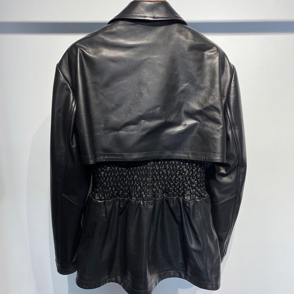 Genuine Leather Wide Cinched Blazer Jackets