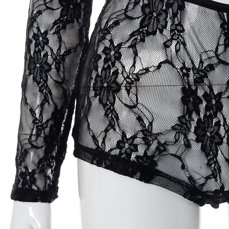 Mesh Lace Sleeved Crop Top & Shorts Set