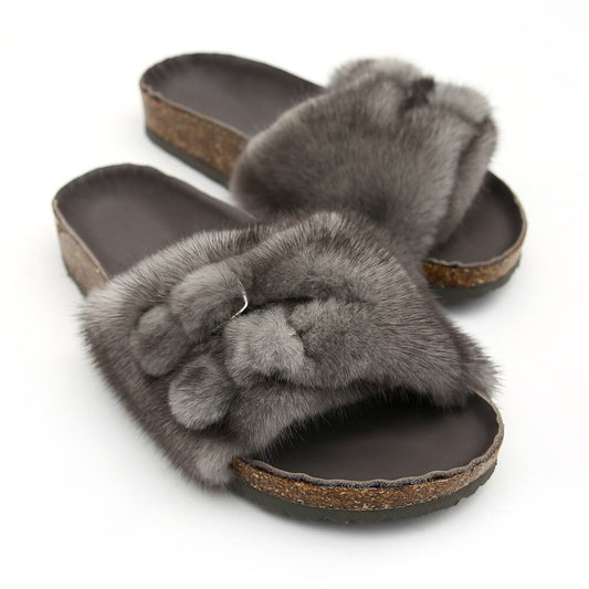 Real Mink Fur Slide Outdoor Flip Flops, Slipper