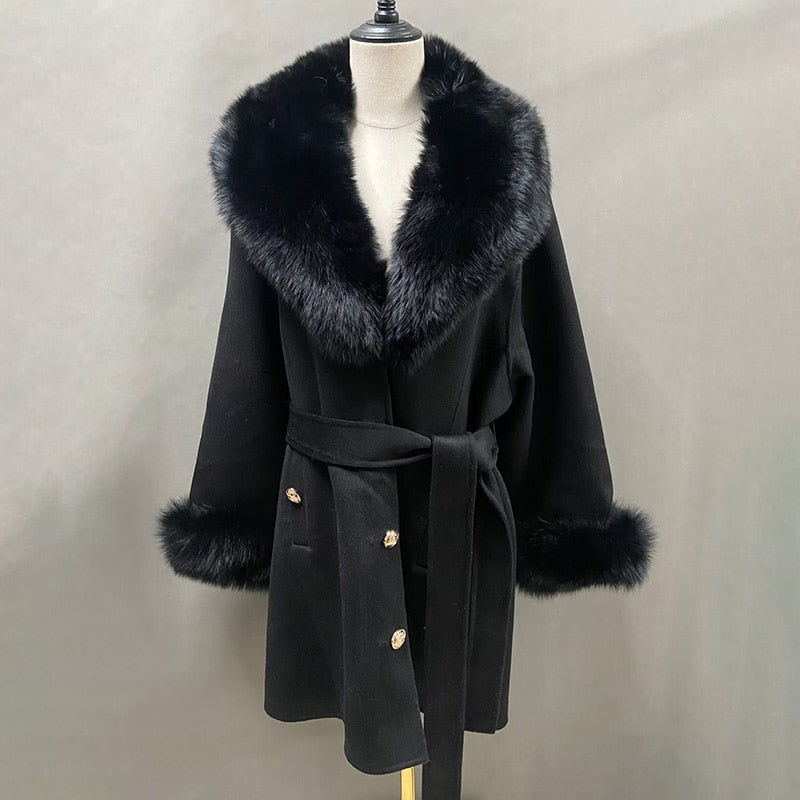 Soft Cashmere Coats Real Fur Long Collar & Cuffs