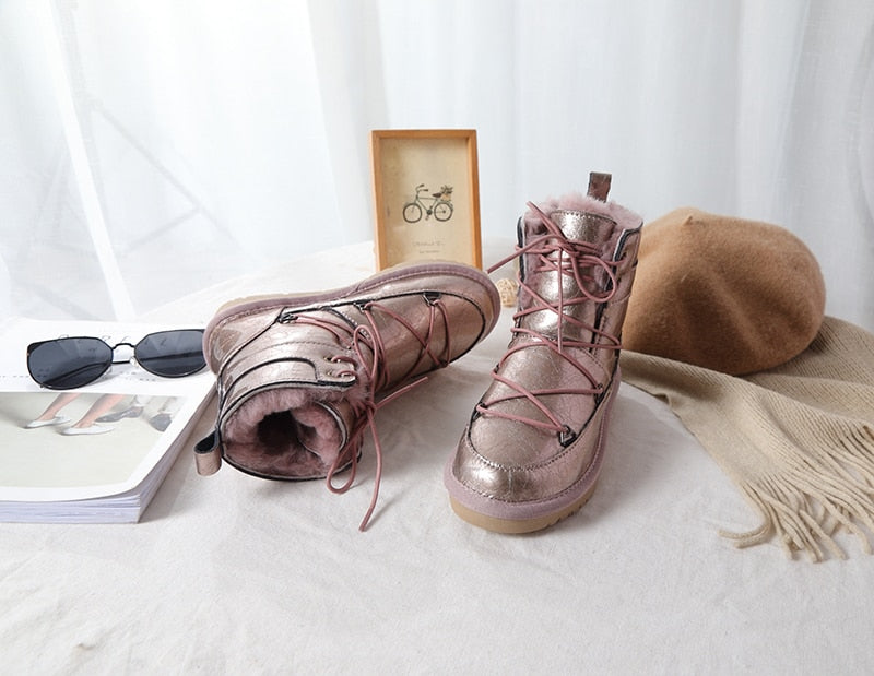 Patent Leather Natural Wool Fur Lined Snow Boots Waterproof