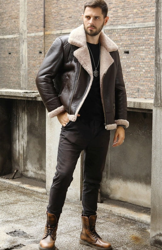Genuine Leather Coat Real Shearling Fur B3 Bomber