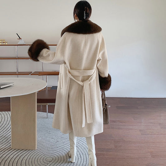Soft Cashmere Long Coats Real Fur Long Collar & Cuffs