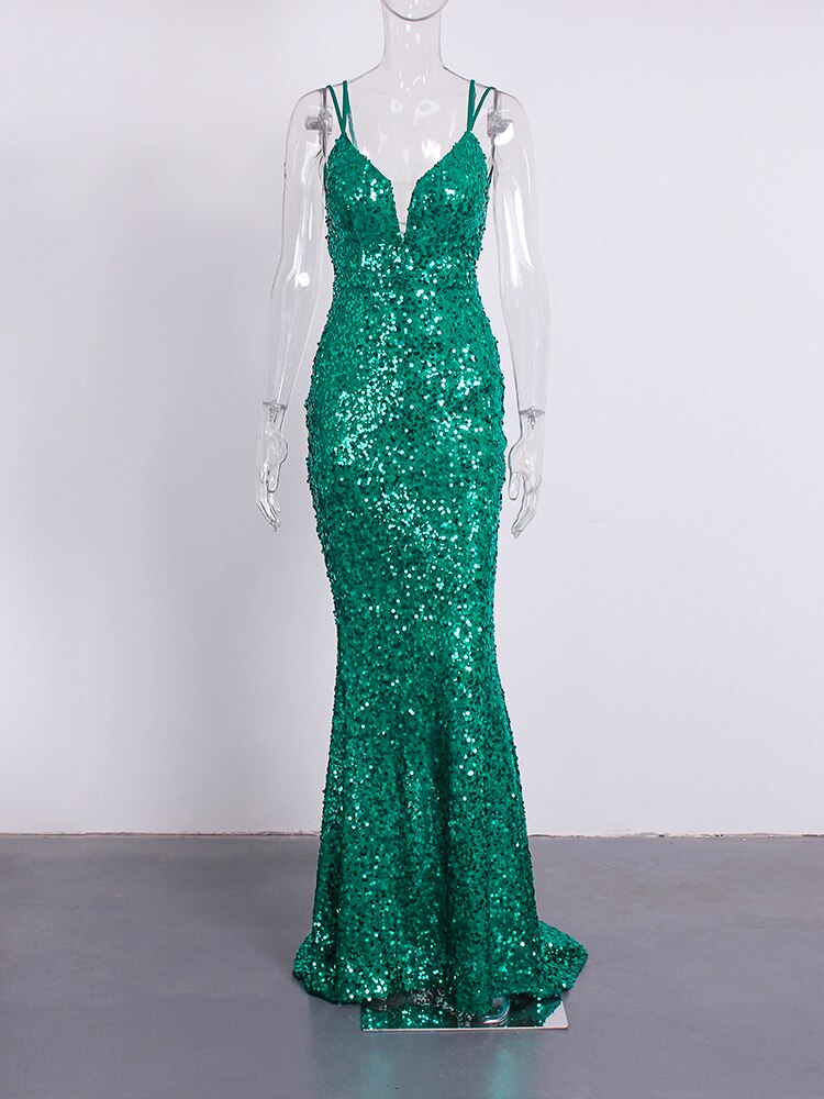 Sequin Sleeveless Deep V Bodycon Mermaid Dresses