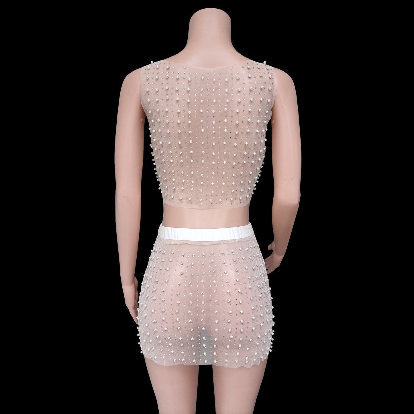Mesh Diamond Beads Crop Top & Skirt Sets