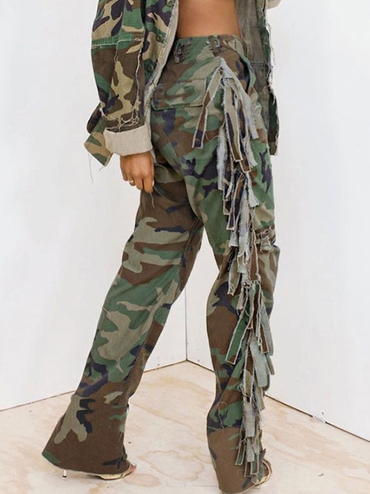 Camo Side Tassels Straight Jeans
