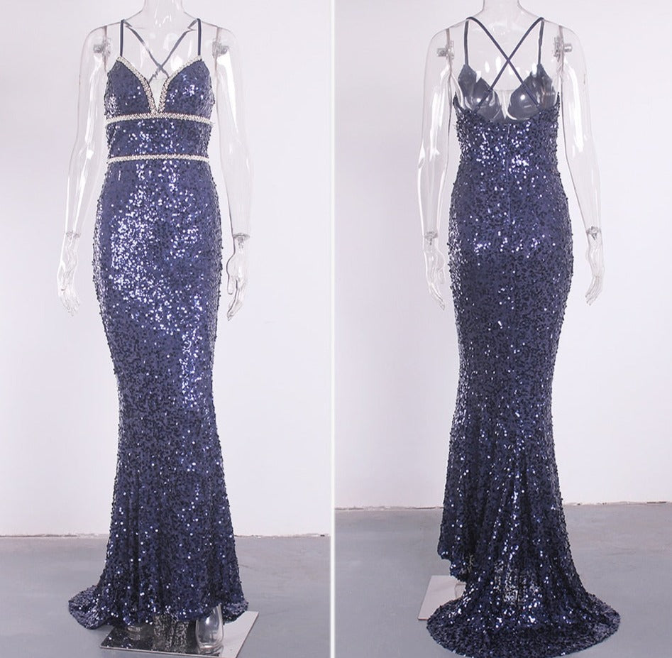 Sequin Crystal V Spaghetti Sleeveless Maxi Dress