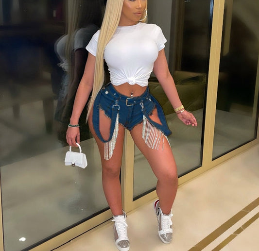 Diamond Tassel Splicing Denim Shorts