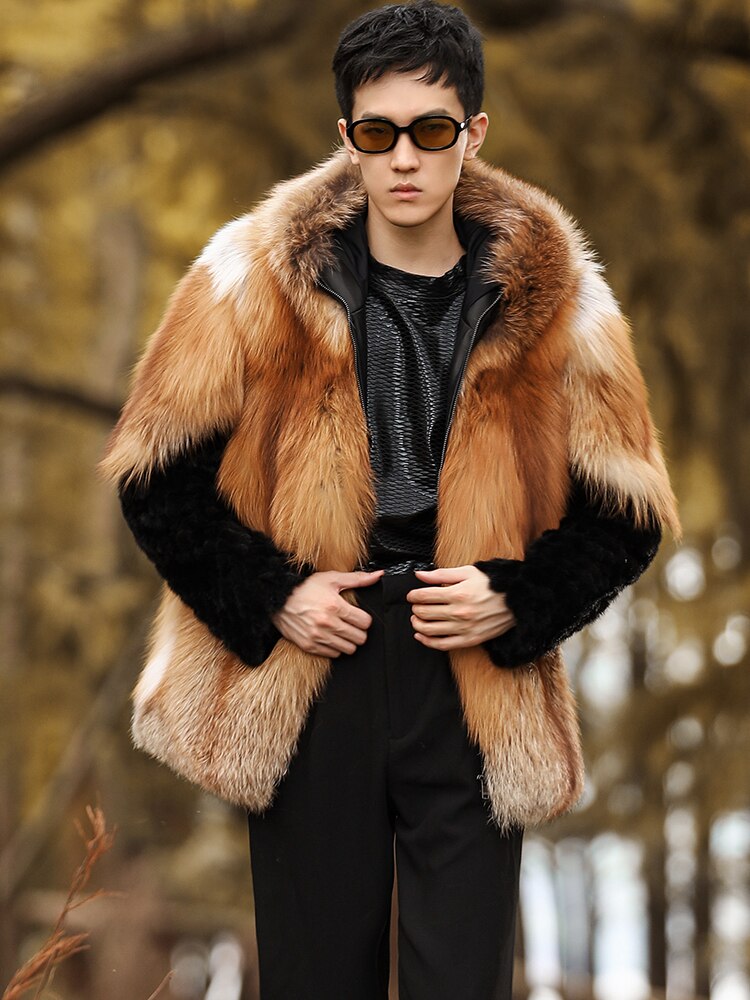 Real Fox Fur Hooded Coats Black Real Mink Fur Sleeves
