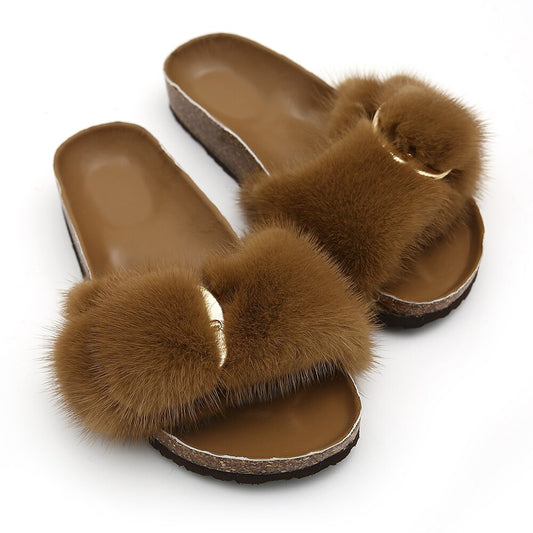Real Mink Fur Slides Outdoor Flip Flops, Slippers