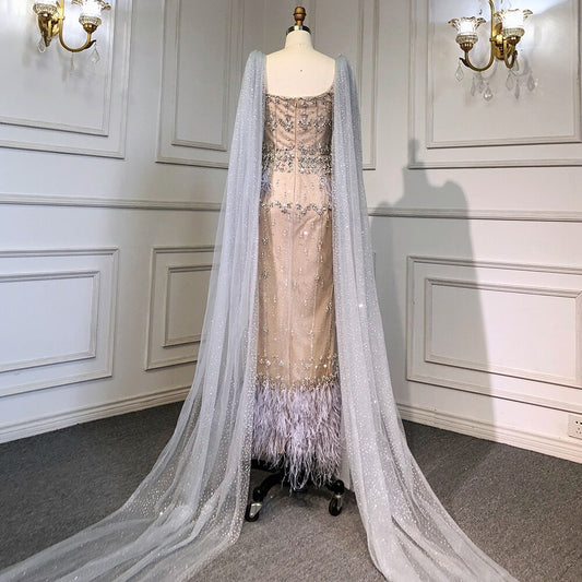 Crystal Feather Cape Sleeve Ankle Length Dresses