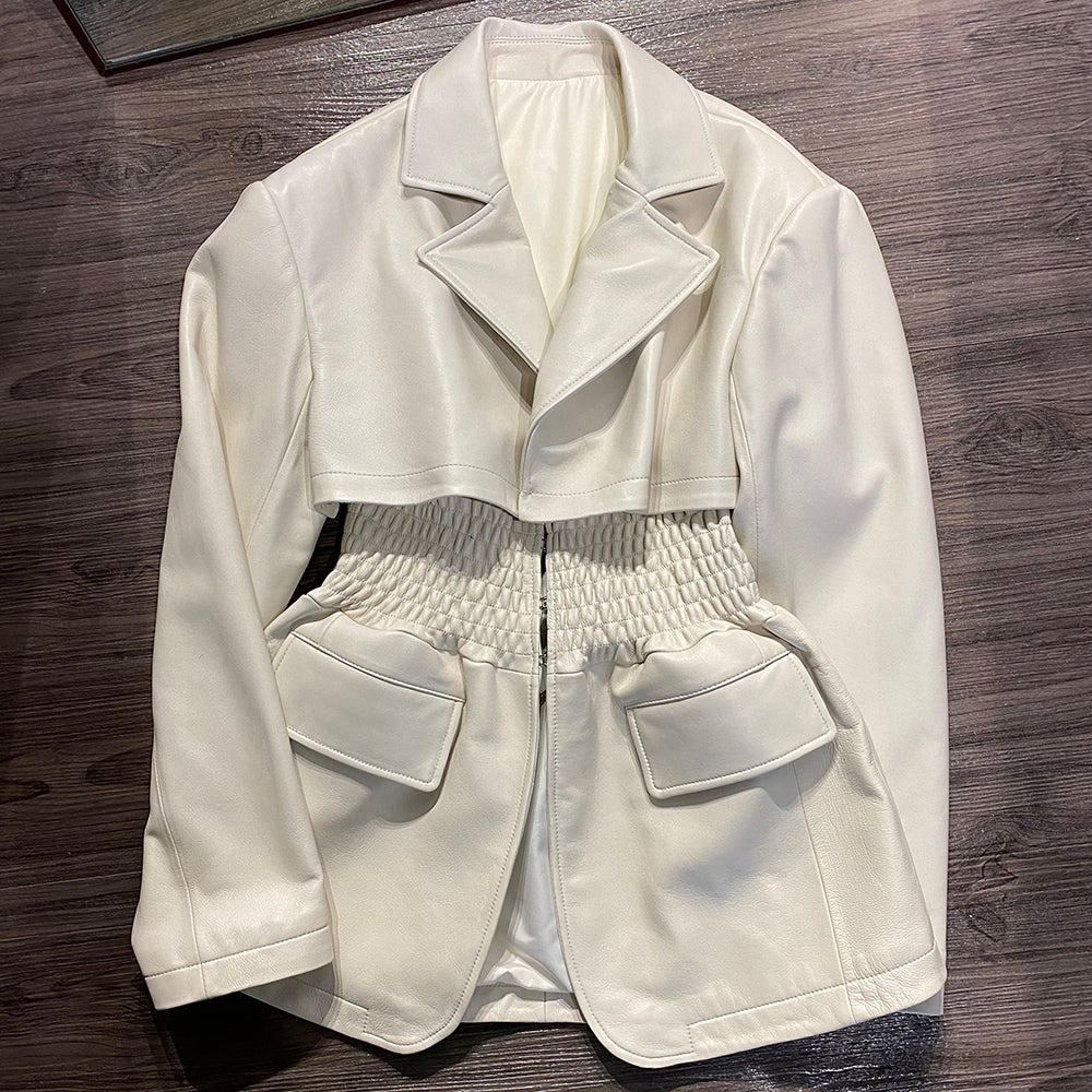 Genuine Leather Wide Cinched Blazer Jackets