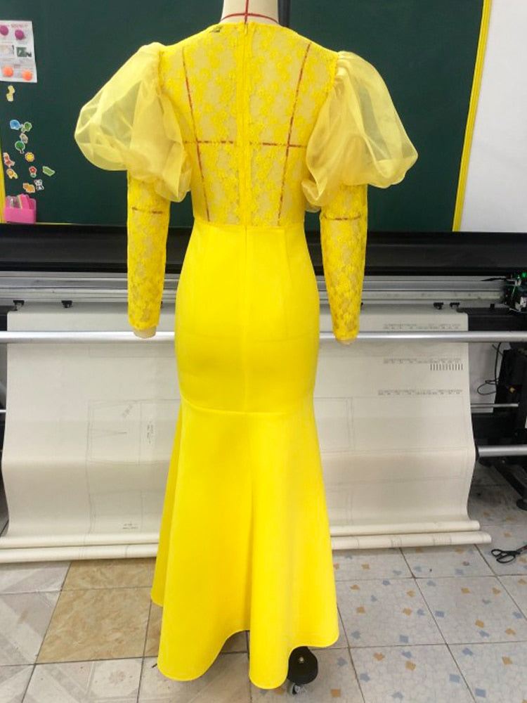Yellow Lace Flower Long Sleeve See Through Dress