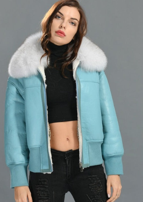 Genuine Leather Coat Shearling Liner Fur Collar Bombers