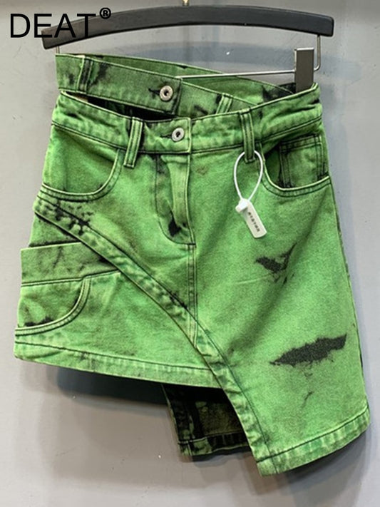 Green Tie Dye Denim Mini Skirts