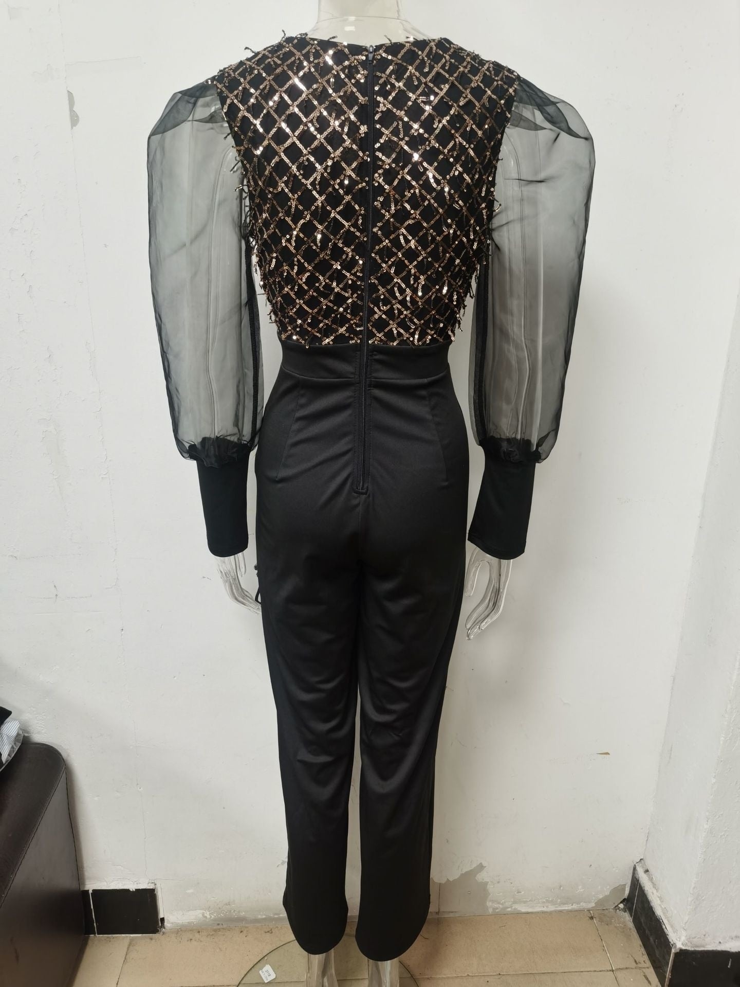 Deep V Mesh Bubble Long Sleeve Sequin Jumpsuit
