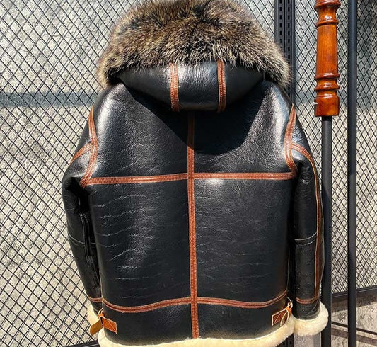 Genuine Leather Shearling Two Tone Hooded Jacket