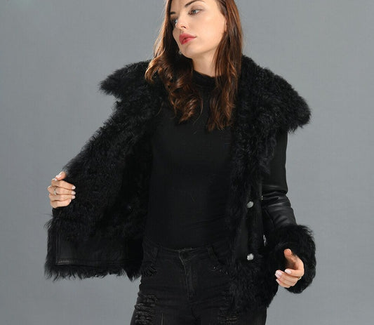 Genuine Leather Coat Curly Shearling Fur