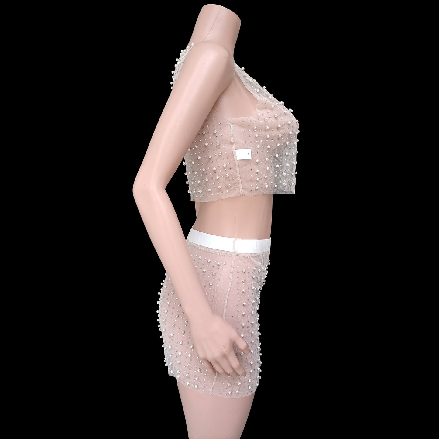 Mesh Diamond Beads Crop Top & Skirt Sets