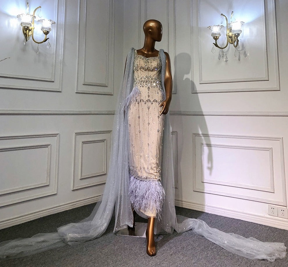 Crystal Feather Cape Sleeve Ankle Length Dresses