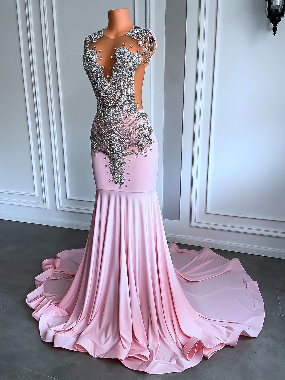 Luxury Diamond Mesh Deep V Mermaid Gala Gowns