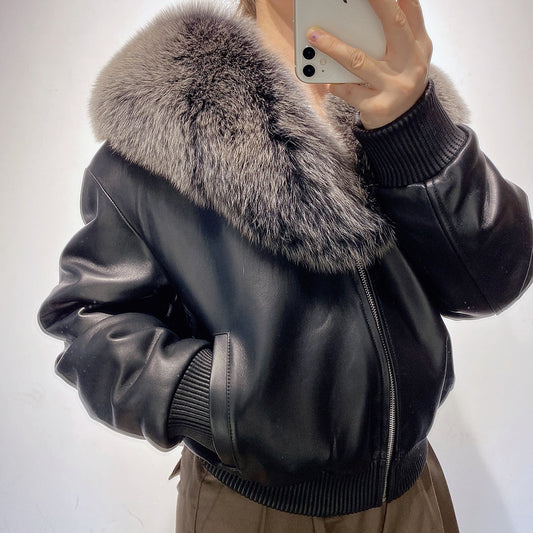 Genuine Leather Jacket Real Fur Collar