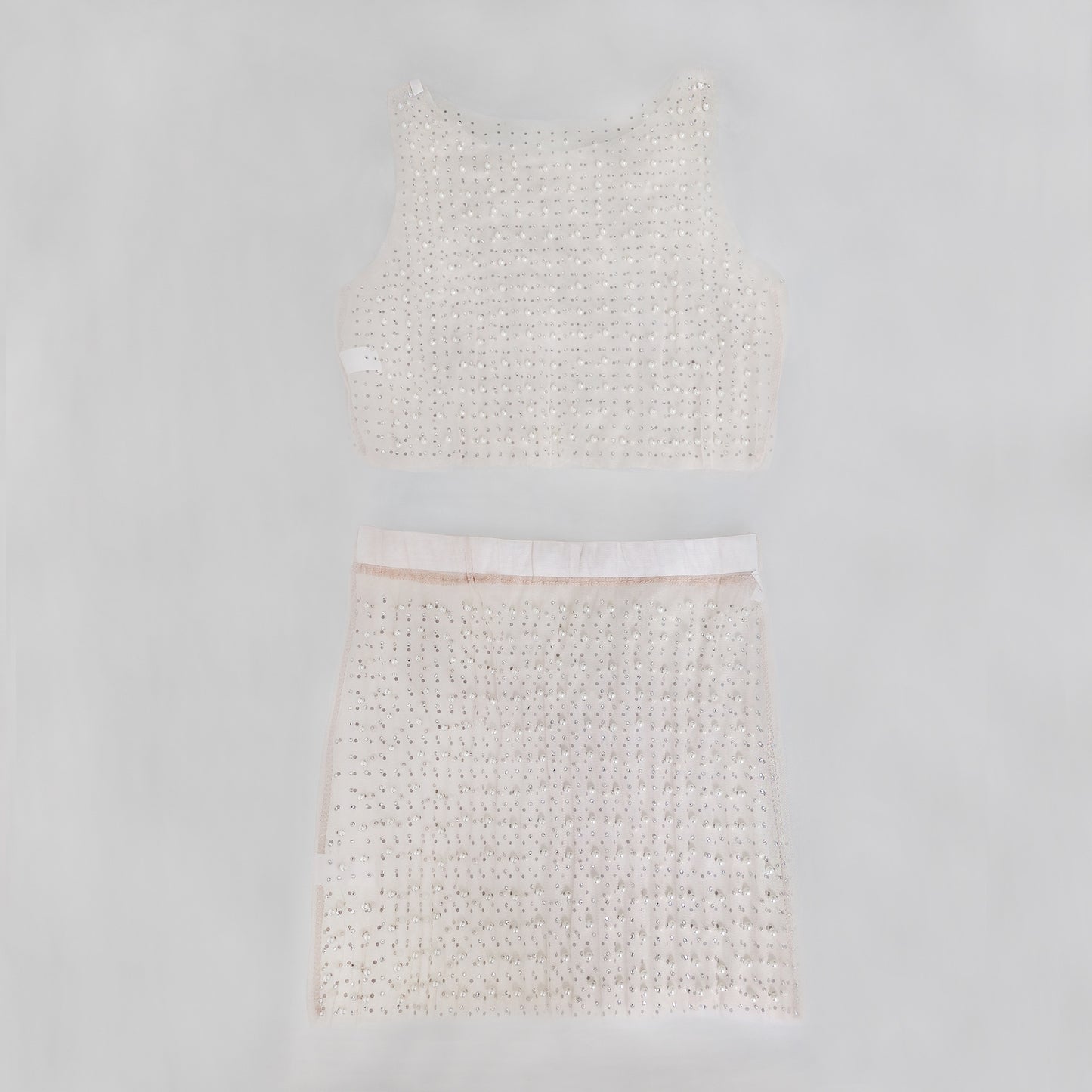 Mesh Diamond Beads Crop Top & Skirt Sets